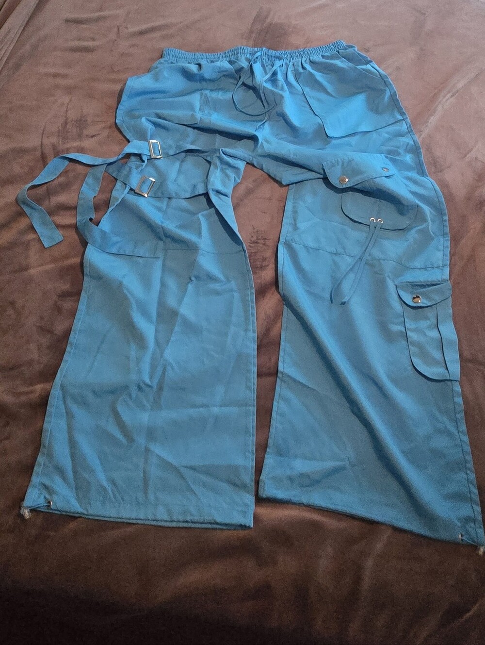 Bright Teal Cargo Parachute Rave Sporty Pants Utility Pockets Wide Leg XXL